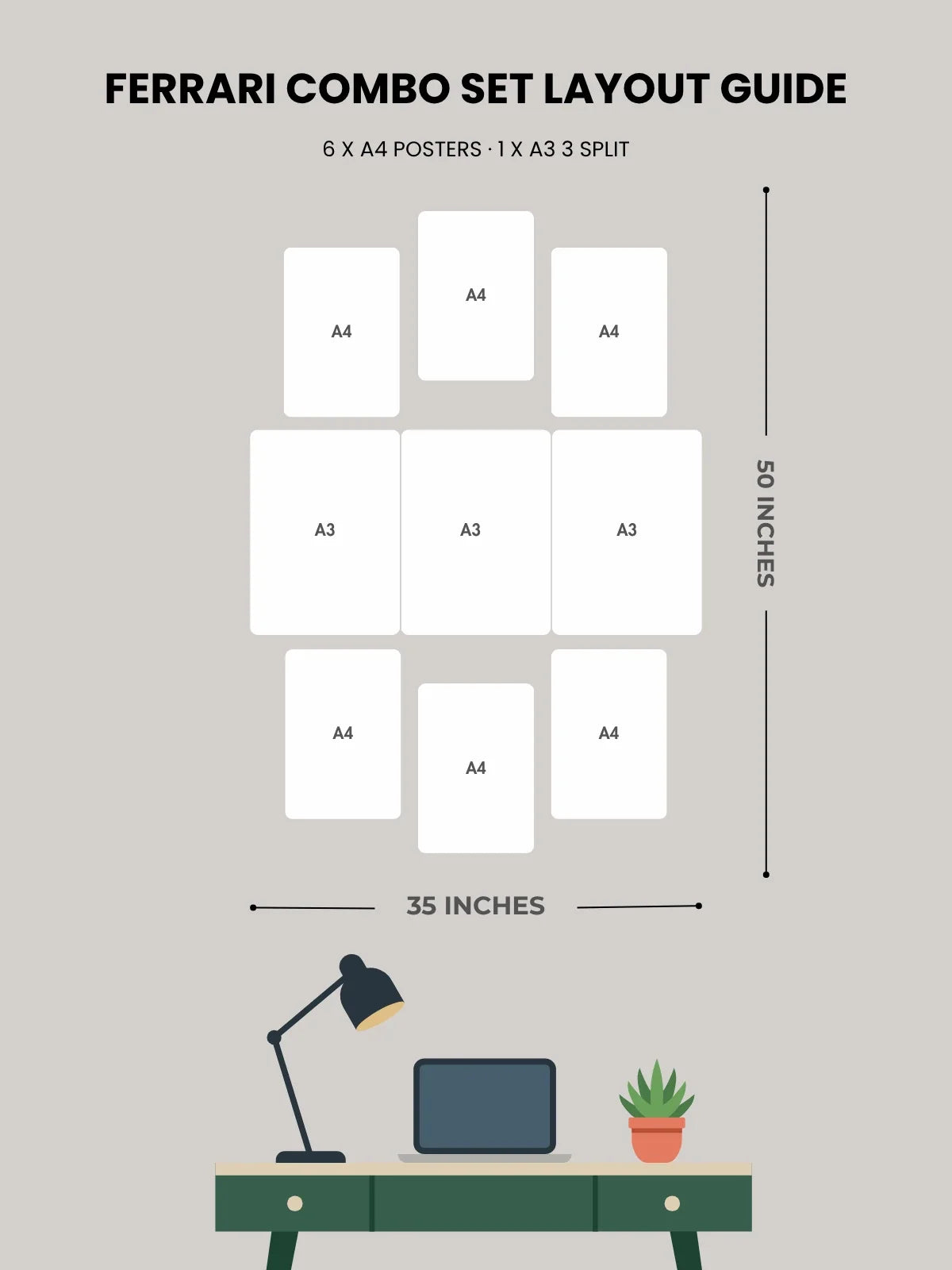 Ferrari combo layout guide showing six A4 single posters and three A3 split poster pieces