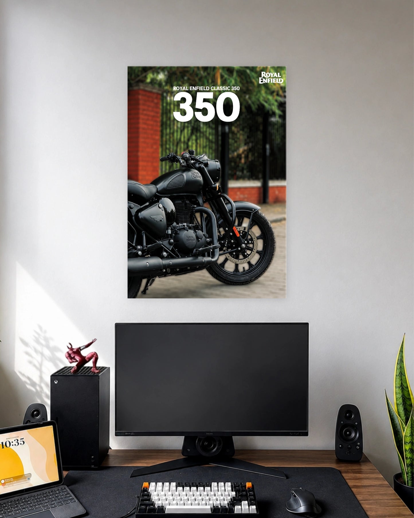 Royal Enfield Classic 350 Motorcycle Poster wall poster displayed in a modern minimalist workspace setup 1