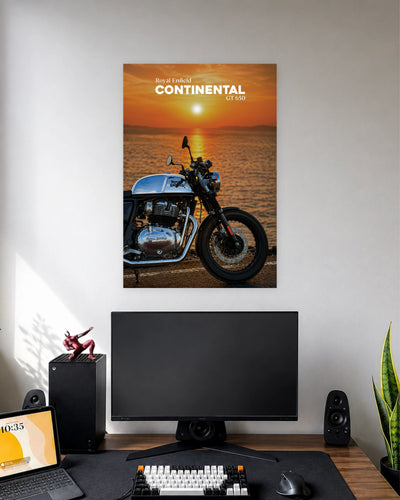 Royal Enfield Continental GT 650 Sunset Poster wall poster displayed in a modern minimalist workspace setup 1