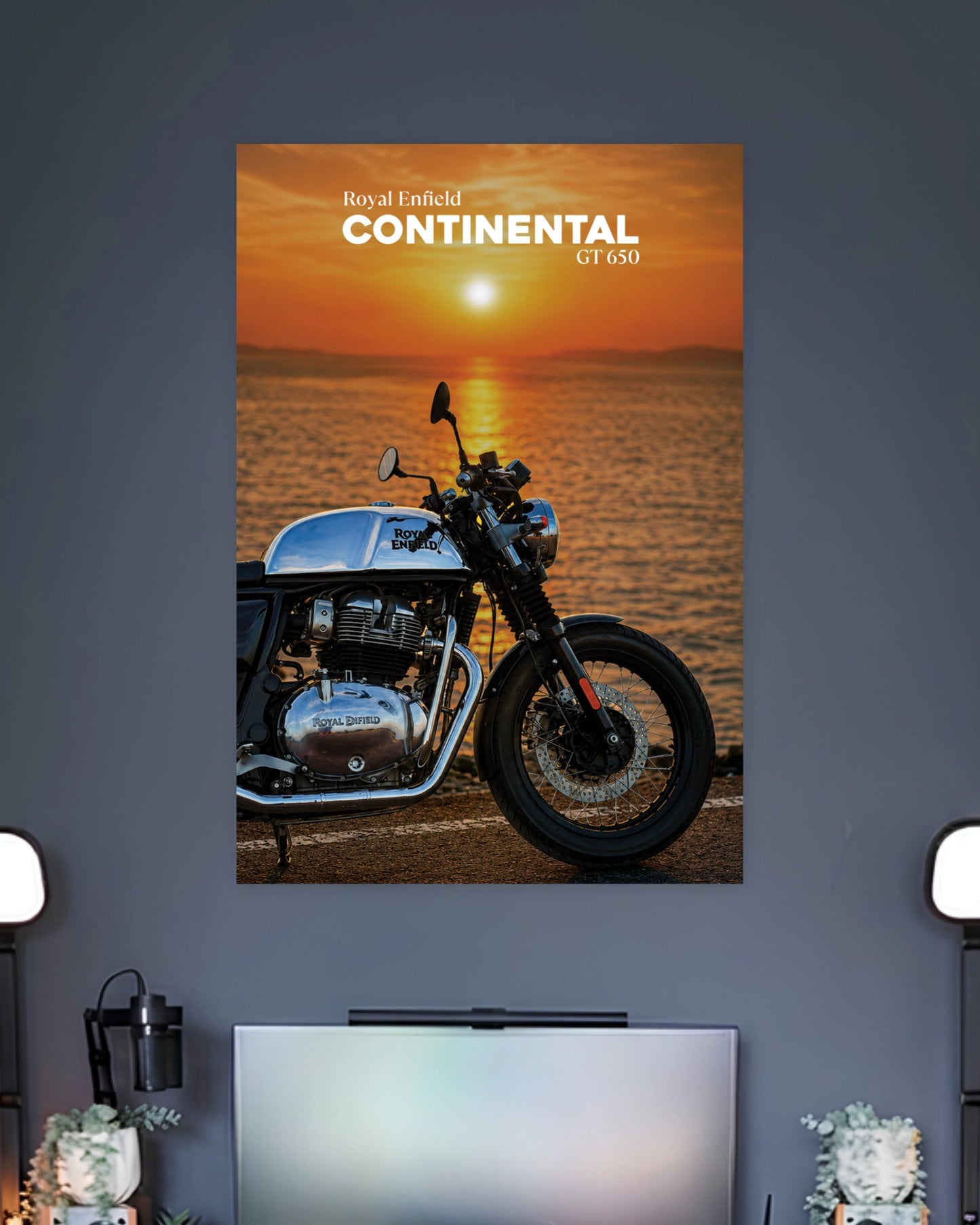 Royal Enfield Continental GT 650 Sunset Poster wall poster displayed in a contemporary interior setting 2