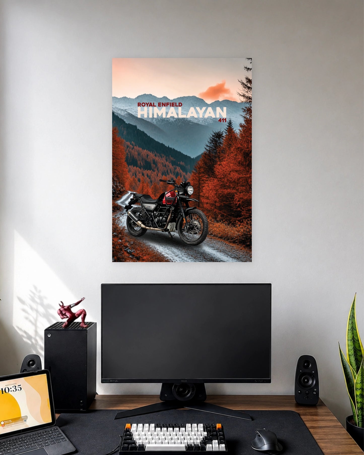 Royal Enfield Himalayan Autumn Trail Poster wall poster displayed in a modern minimalist workspace setup 1