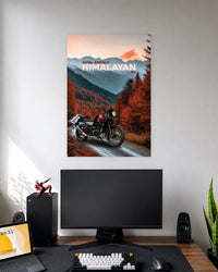 Royal Enfield Himalayan Autumn Trail Poster wall poster displayed in a modern minimalist workspace setup 1