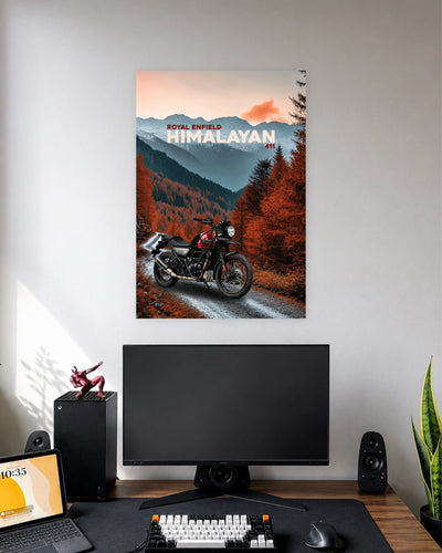 Royal Enfield Himalayan Autumn Trail Poster wall poster displayed in a modern minimalist workspace setup 1