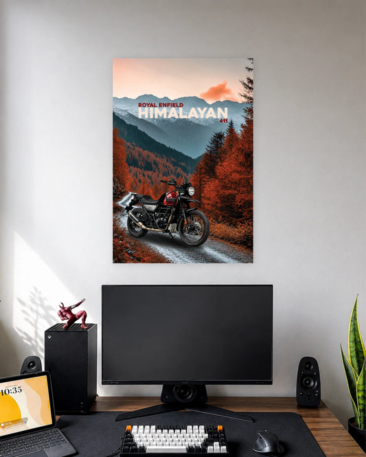 Royal Enfield Himalayan Autumn Trail Poster wall poster displayed in a modern minimalist workspace setup 1