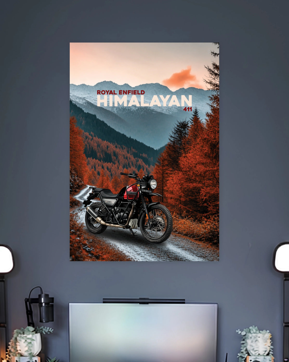 Royal Enfield Himalayan Autumn Trail Poster wall poster displayed in a contemporary interior setting 2