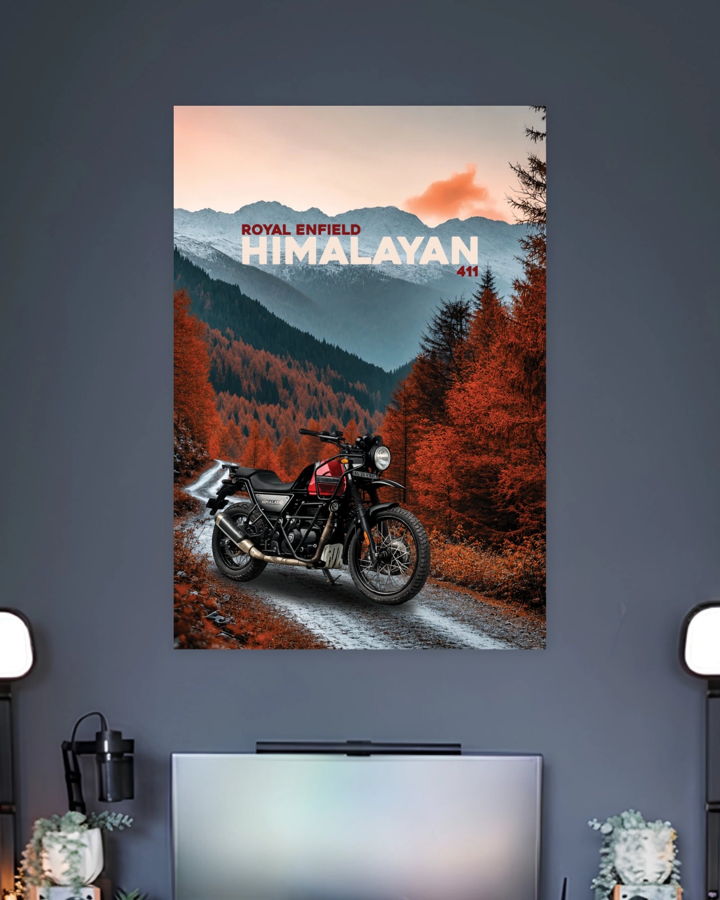 Royal Enfield Himalayan Autumn Trail Poster wall poster displayed in a contemporary interior setting 2