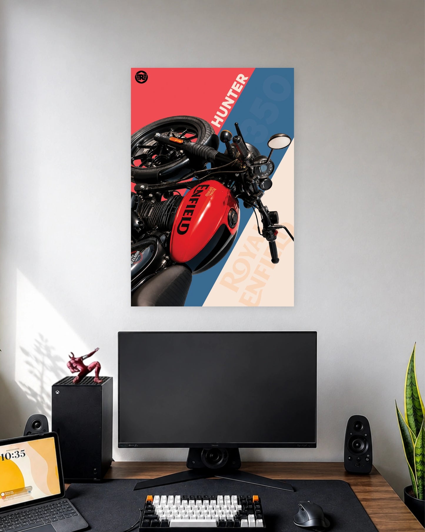 Royal Enfield Hunter 350 Pop Art Poster wall poster displayed in a modern minimalist workspace setup 1