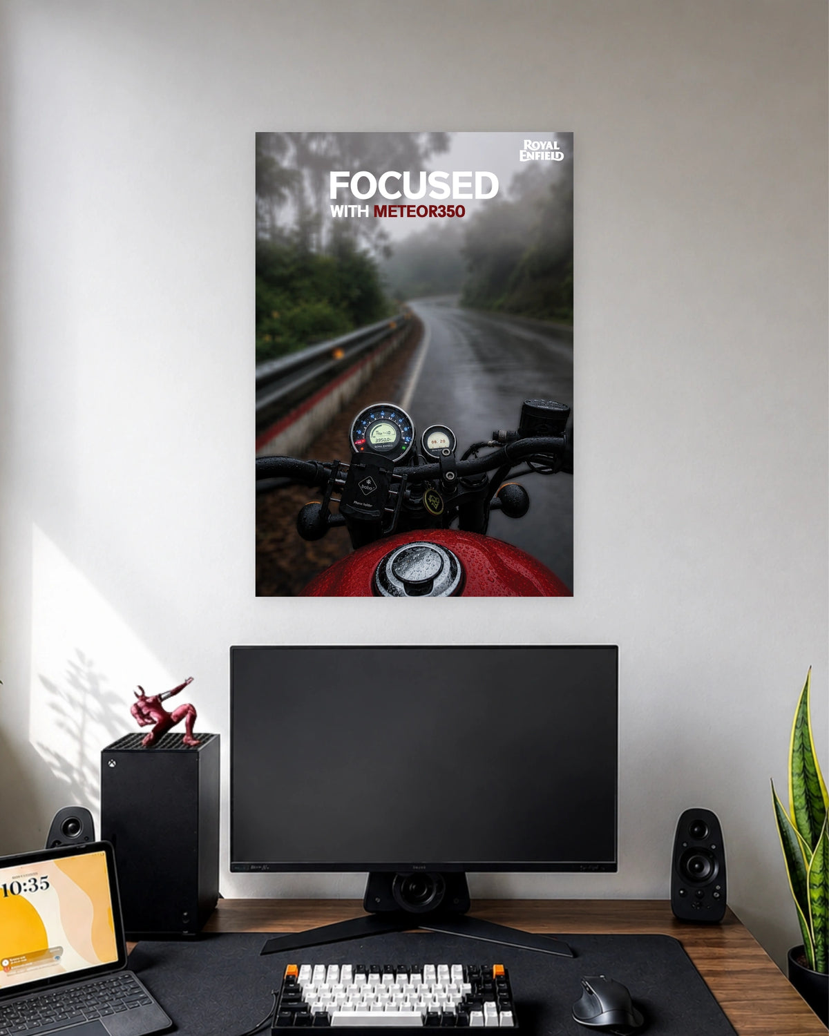 Royal Enfield Meteor 350 Motorcycle Poster wall poster displayed in a modern minimalist workspace setup 1