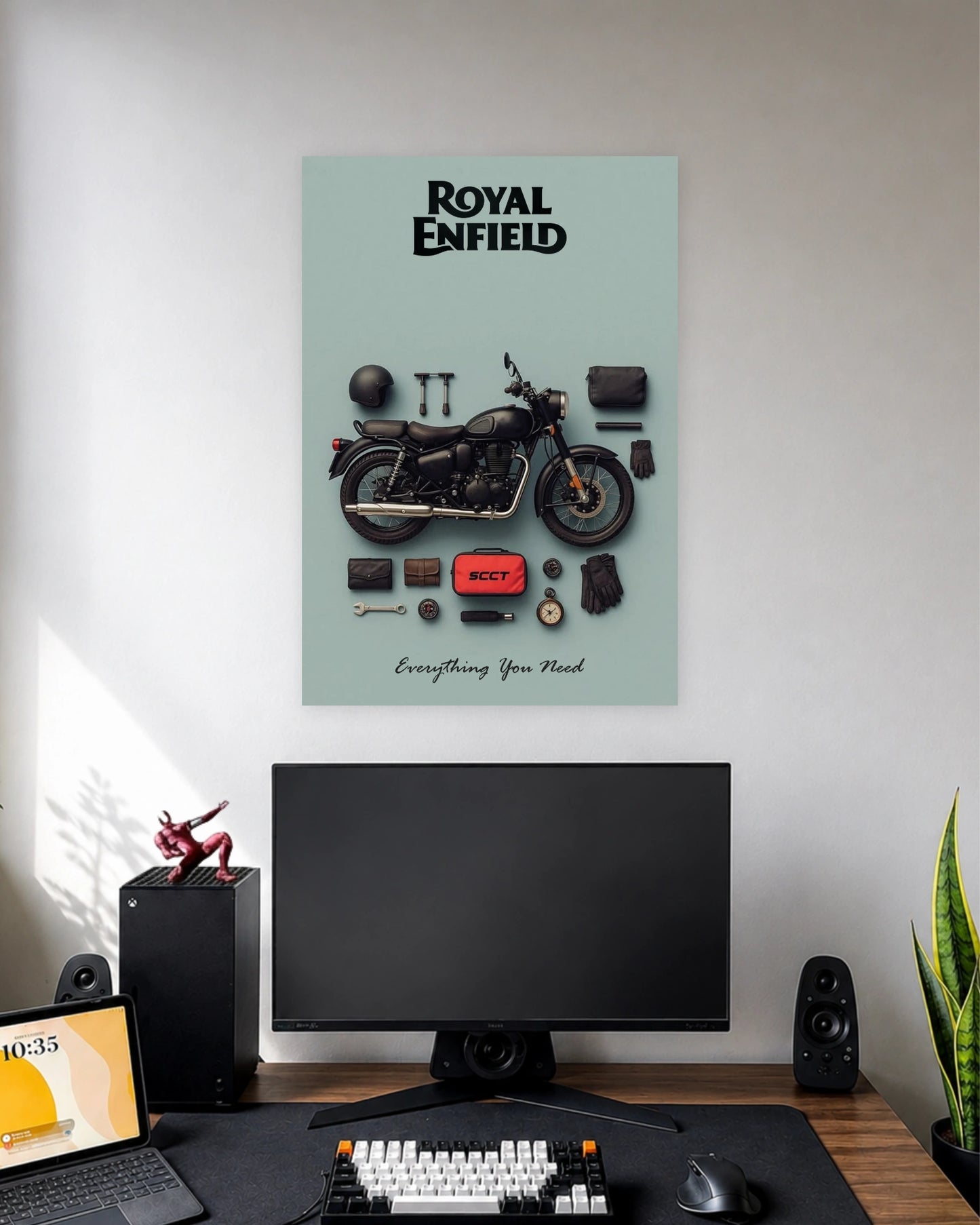 Royal Enfield Riding Essentials Poster wall poster displayed in a modern minimalist workspace setup 1