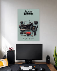 Royal Enfield Riding Essentials Poster wall poster displayed in a modern minimalist workspace setup 1