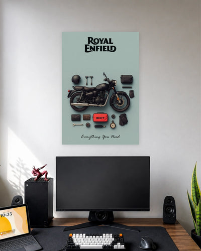Royal Enfield Riding Essentials Poster wall poster displayed in a modern minimalist workspace setup 1