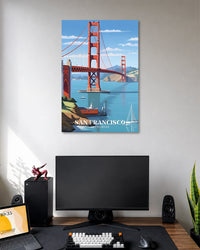 San Francisco Golden Gate Bridge Travel Poster poster design: The iconic Golden Gate Bridge rises above blue waters, with sailboats and distant hills completing the scene. The words “San Francisco, California” give this colourful travel illustration a classic city poster look.