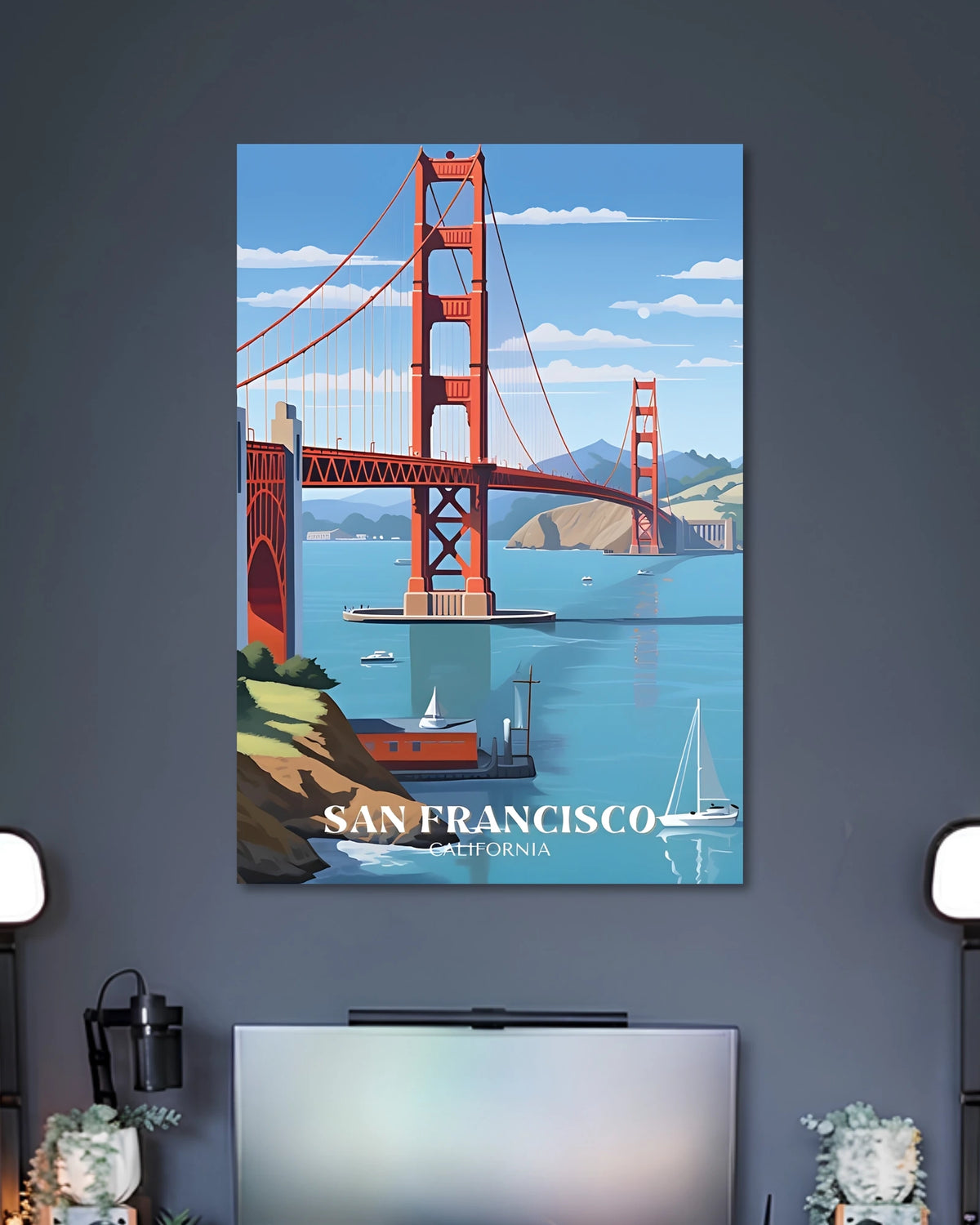 San Francisco Golden Gate Bridge Travel Poster poster design: The iconic Golden Gate Bridge rises above blue waters, with sailboats and distant hills completing the scene. The words “San Francisco, California” give this colourful travel illustration a classic city poster look.