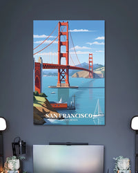 San Francisco Golden Gate Bridge Travel Poster poster design: The iconic Golden Gate Bridge rises above blue waters, with sailboats and distant hills completing the scene. The words “San Francisco, California” give this colourful travel illustration a classic city poster look.