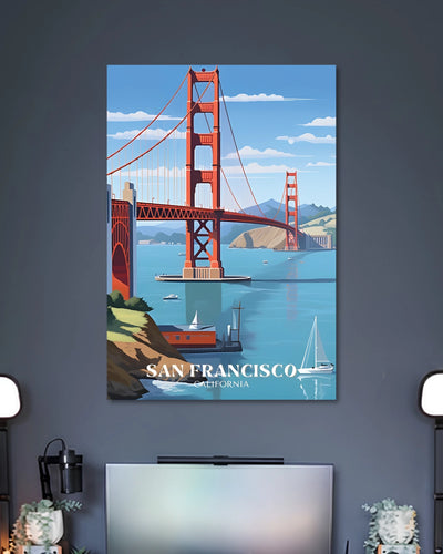 San Francisco Golden Gate Bridge Travel Poster poster design: The iconic Golden Gate Bridge rises above blue waters, with sailboats and distant hills completing the scene. The words “San Francisco, California” give this colourful travel illustration a classic city poster look.