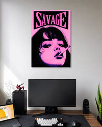 Black-and-pink poster showing a woman with short dark bangs and a cigarette beneath large pink SAVAGE lettering.