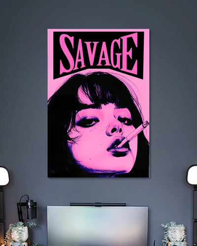 Black-and-pink poster showing a woman with short dark bangs and a cigarette beneath large pink SAVAGE lettering.