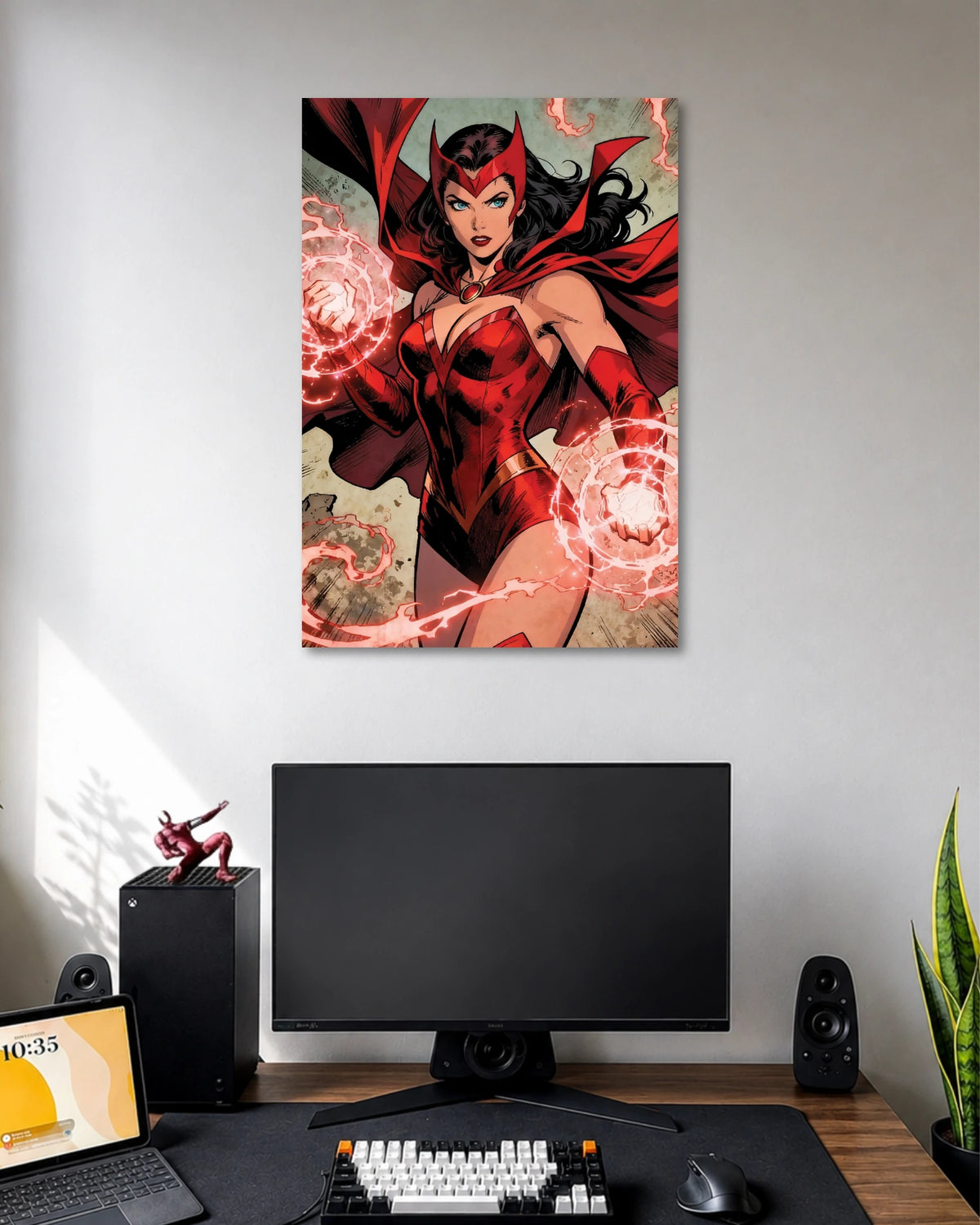 Comic illustration of Scarlet Witch in a red headpiece and costume, summoning glowing scarlet magic from both hands.