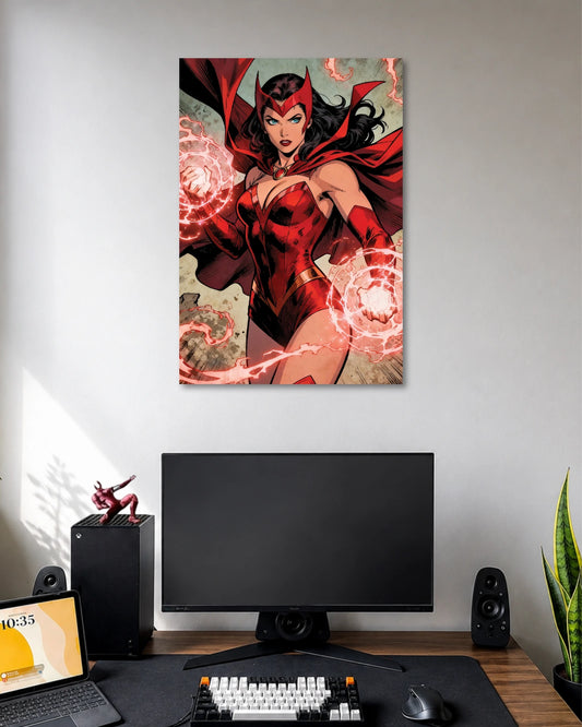 Comic illustration of Scarlet Witch in a red headpiece and costume, summoning glowing scarlet magic from both hands.