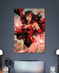Comic illustration of Scarlet Witch in a red headpiece and costume, summoning glowing scarlet magic from both hands.