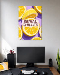 Serial Chiller Lemon Aesthetic Poster poster design: Bright yellow lemon slices fill the frame against a vibrant purple background, creating a fresh and playful composition. Bold brown typography reading “Serial Chiller” adds personality to the design. Perfect for adding a colourful, quirky touch to your bedroom or workspace.