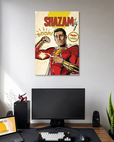 Retro comic illustration of Shazam smiling in his red-and-gold suit under SHAZAM lettering with BOOM sound effects.
