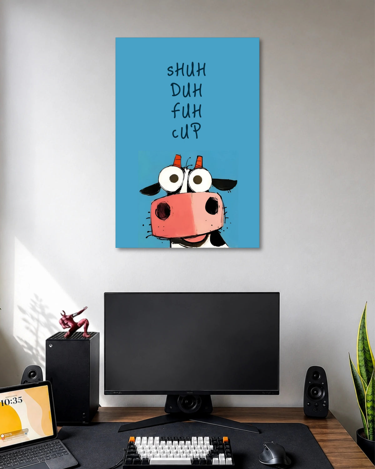 Shuh Duh Fuh Cup Funny Cow Poster poster design: Add a dose of humour to your space with this blue poster featuring a wide eyed cartoon cow and the phrase “Shuh Duh Fuh Cup.” Its simple illustration and bold background make it a fun pick for desks, bedrooms and gaming setups.
