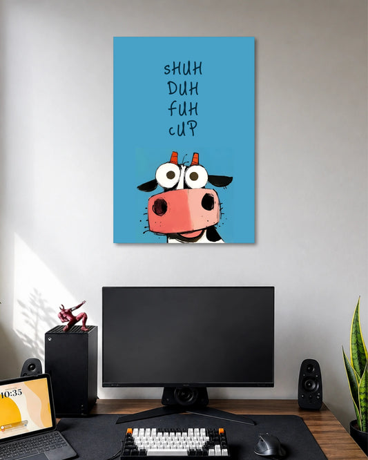 Shuh Duh Fuh Cup Funny Cow Poster poster design: Add a dose of humour to your space with this blue poster featuring a wide eyed cartoon cow and the phrase “Shuh Duh Fuh Cup.” Its simple illustration and bold background make it a fun pick for desks, bedrooms and gaming setups.