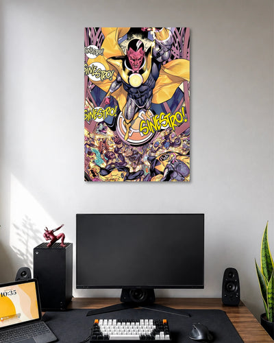 Vintage comic artwork of Sinestro in yellow-and-black armor with a glowing chest emblem above a busy action scene.