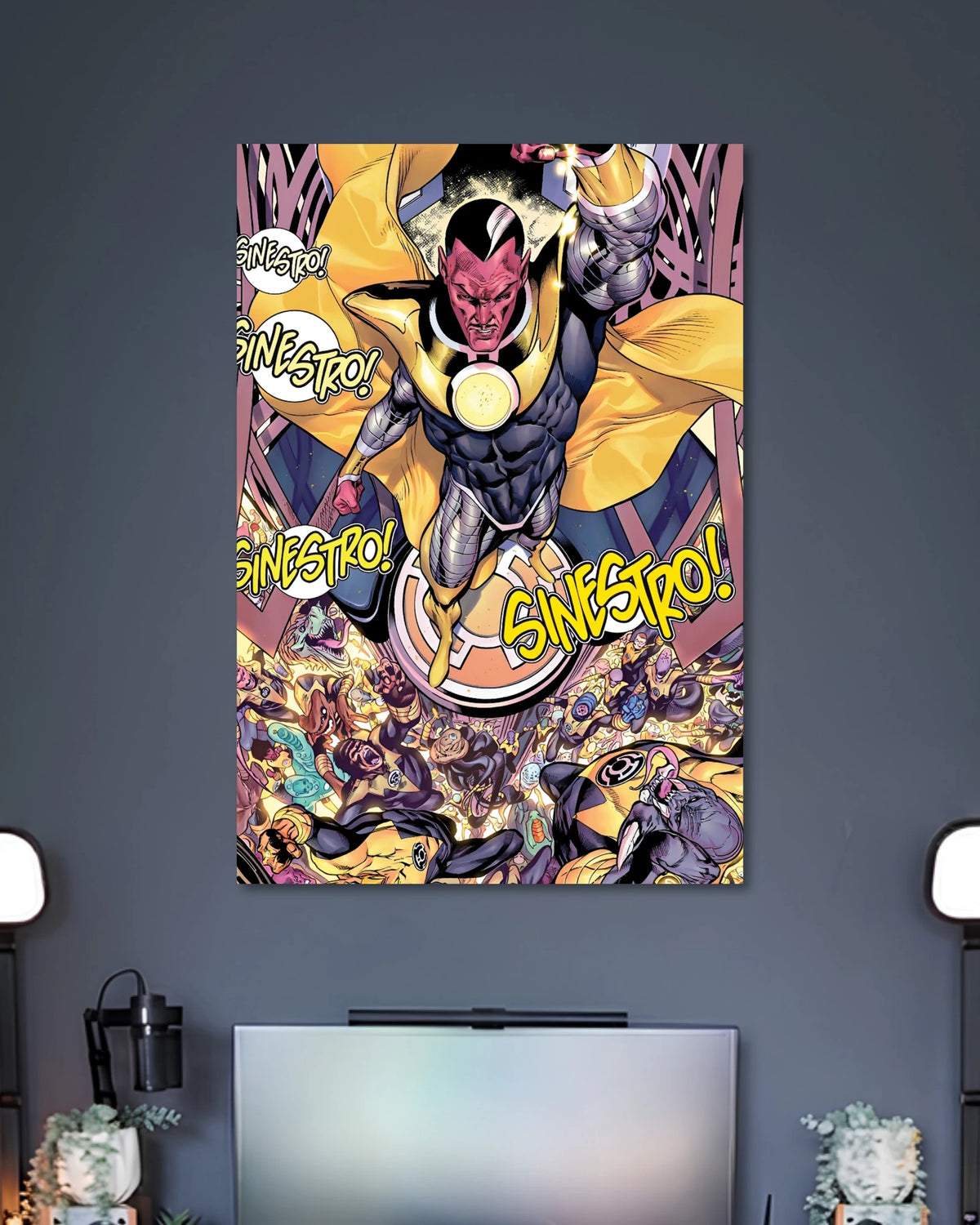 Vintage comic artwork of Sinestro in yellow-and-black armor with a glowing chest emblem above a busy action scene.