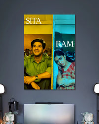 Sita Ramam Movie Couple Poster poster design: Sita and Ram appear in contrasting yellow and teal tones, capturing the romantic charm of Sita Ramam. The colourful artwork brings together the film’s beloved characters and a striking visual style, perfect for fans of romantic cinema.