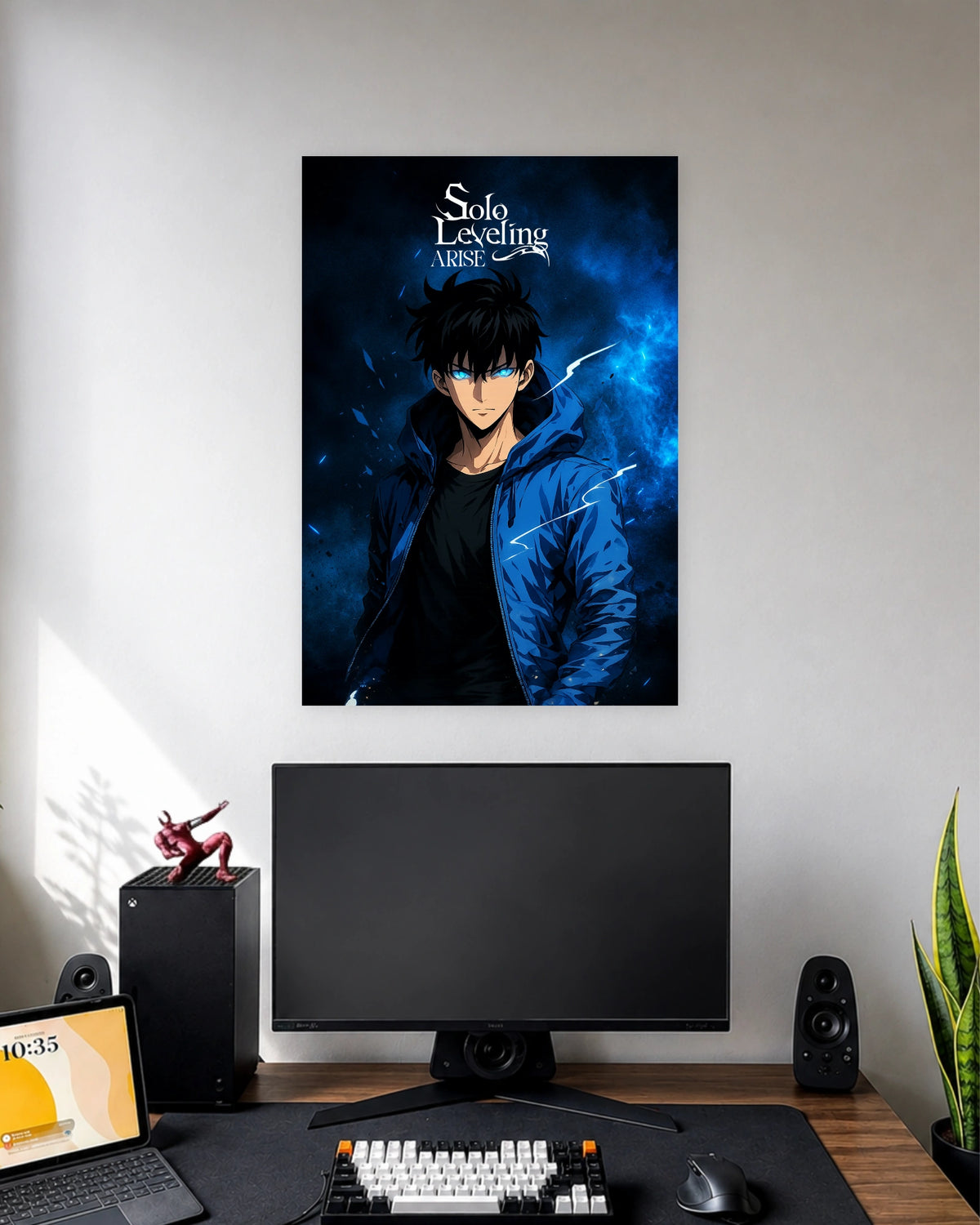 Solo Leveling Arise Sung Jinwoo Poster wall poster displayed in a modern minimalist workspace setup 1