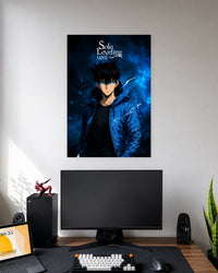 Solo Leveling Arise Sung Jinwoo Poster wall poster displayed in a modern minimalist workspace setup 1