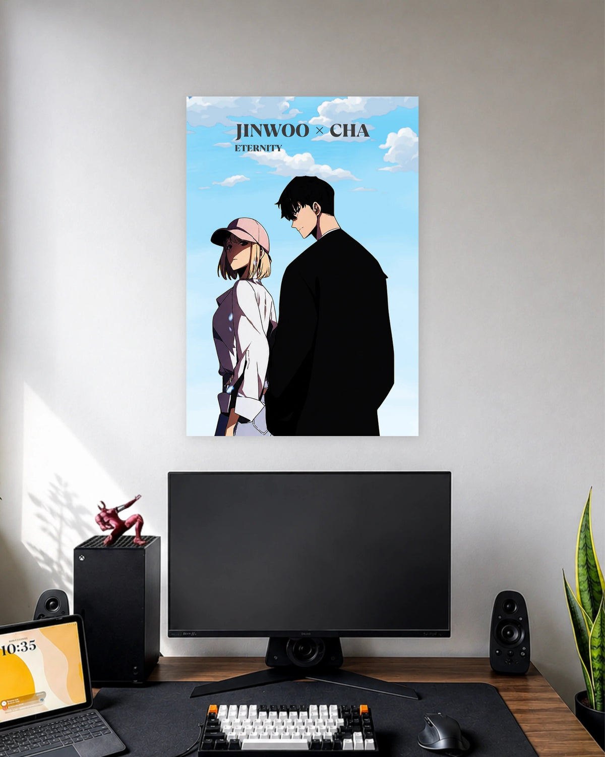 Jinwoo & Cha Solo Leveling Anime Poster wall poster displayed in a modern minimalist workspace setup 1