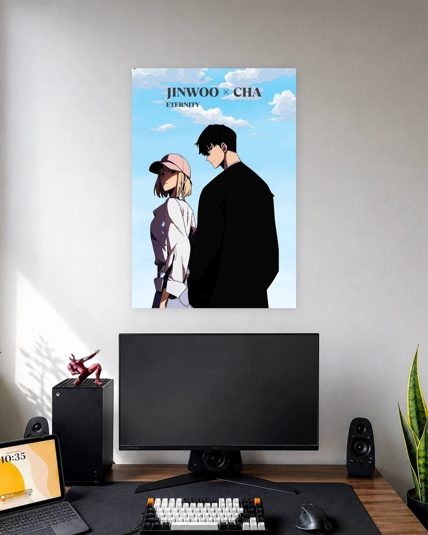 Jinwoo & Cha Solo Leveling Anime Poster wall poster displayed in a modern minimalist workspace setup 1