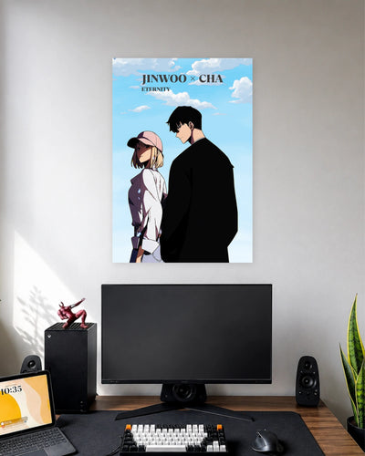 Jinwoo & Cha Solo Leveling Anime Poster wall poster displayed in a modern minimalist workspace setup 1