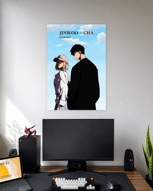 Jinwoo & Cha Solo Leveling Anime Poster wall poster displayed in a modern minimalist workspace setup 1
