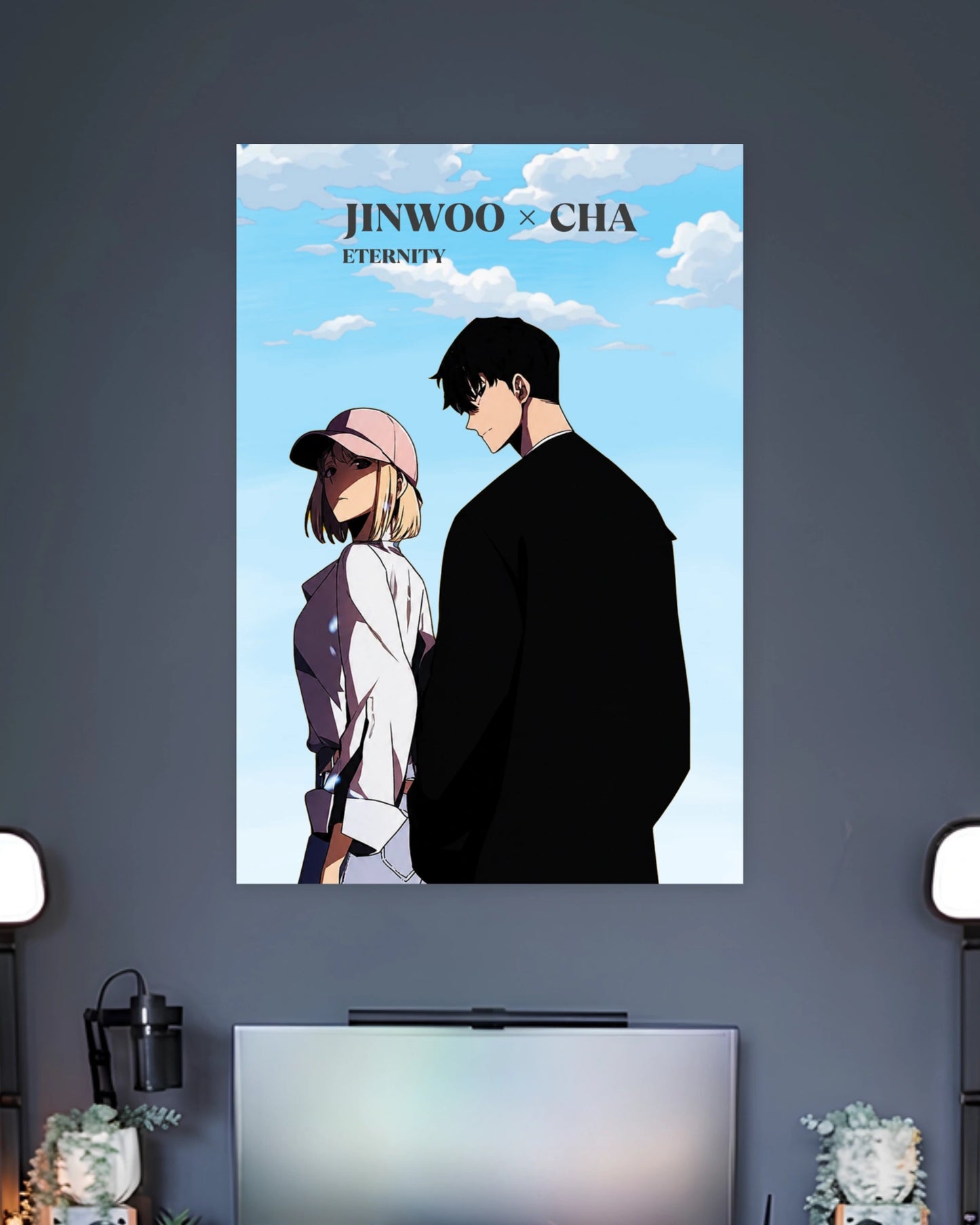 Jinwoo & Cha Solo Leveling Anime Poster wall poster displayed in a contemporary interior setting 2