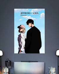 Jinwoo & Cha Solo Leveling Anime Poster wall poster displayed in a contemporary interior setting 2