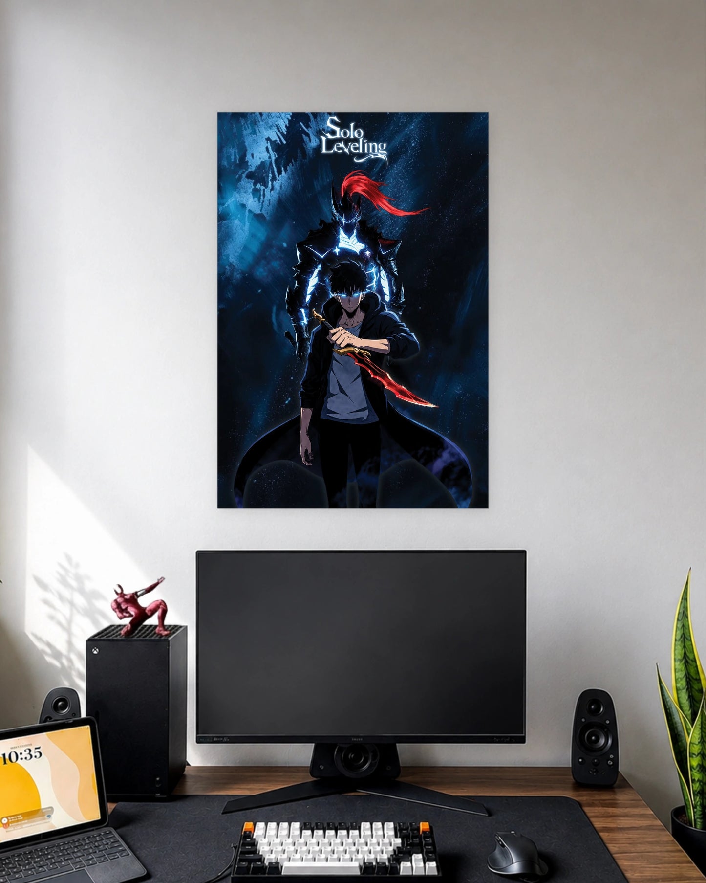 Solo Leveling Jinwoo Shadow Soldier Anime Poster wall poster displayed in a modern minimalist workspace setup 1