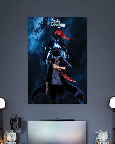 Solo Leveling Jinwoo Shadow Soldier Anime Poster wall poster displayed in a contemporary interior setting 2