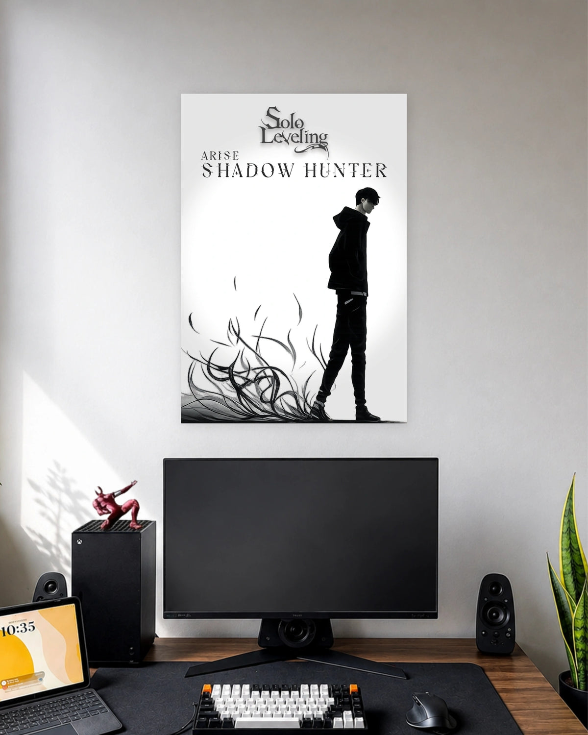 Solo Leveling Shadow Hunter Anime Poster wall poster displayed in a modern minimalist workspace setup 1
