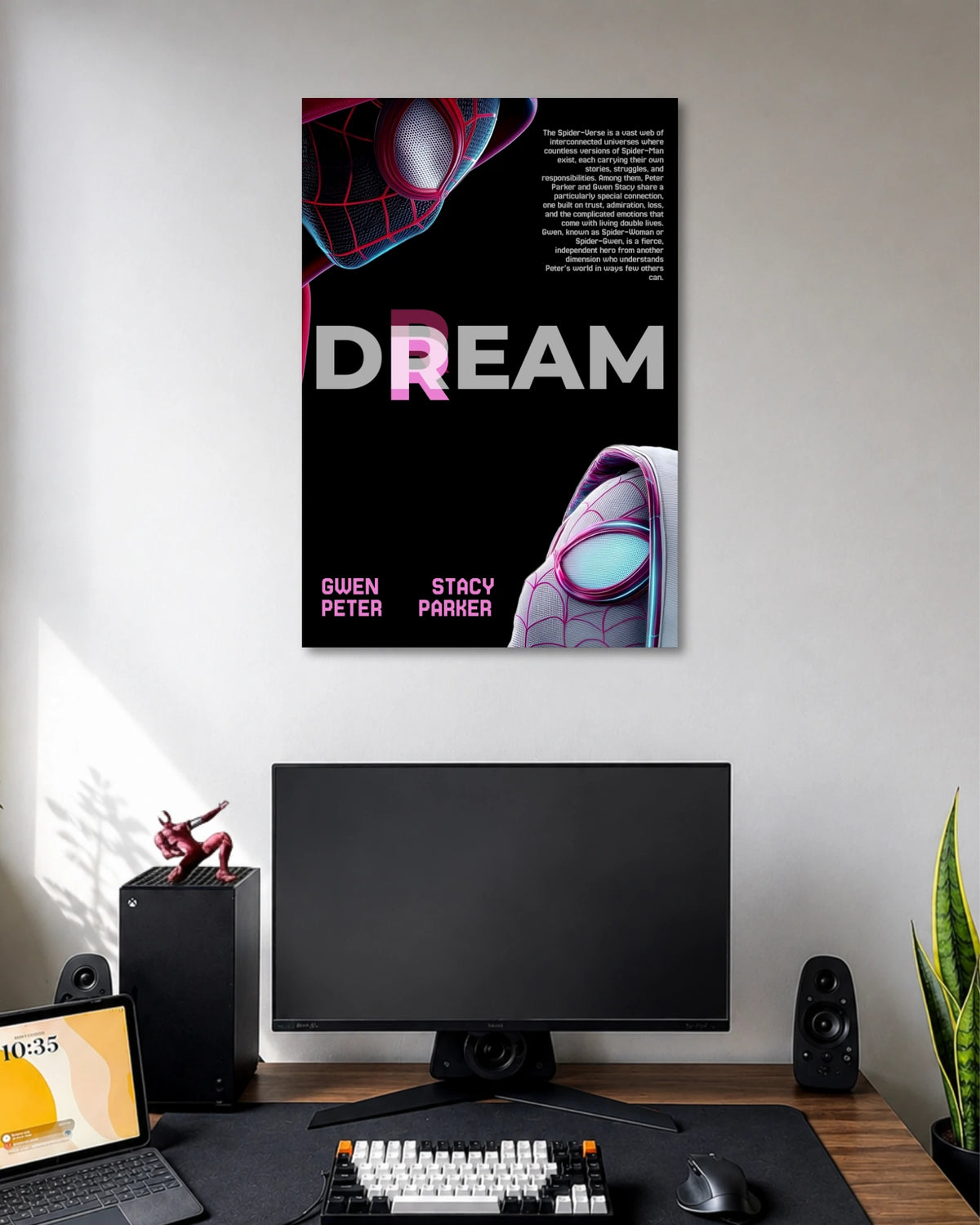 Black poster with a close-up red-and-black Spider-Man mask, large DREAM lettering and a white-hooded Gwen mask at the bottom.