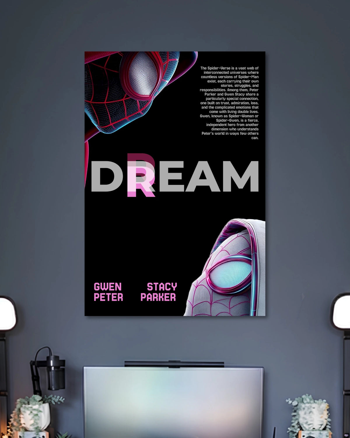 Black poster with a close-up red-and-black Spider-Man mask, large DREAM lettering and a white-hooded Gwen mask at the bottom.