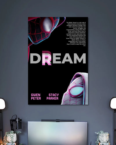 Black poster with a close-up red-and-black Spider-Man mask, large DREAM lettering and a white-hooded Gwen mask at the bottom.