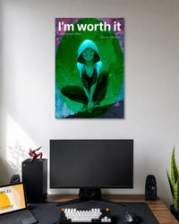 Spider-Gwen crouching in a white-and-teal hood against a green circular background beneath the words I'm worth it.