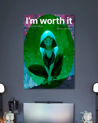 Spider-Gwen crouching in a white-and-teal hood against a green circular background beneath the words I'm worth it.