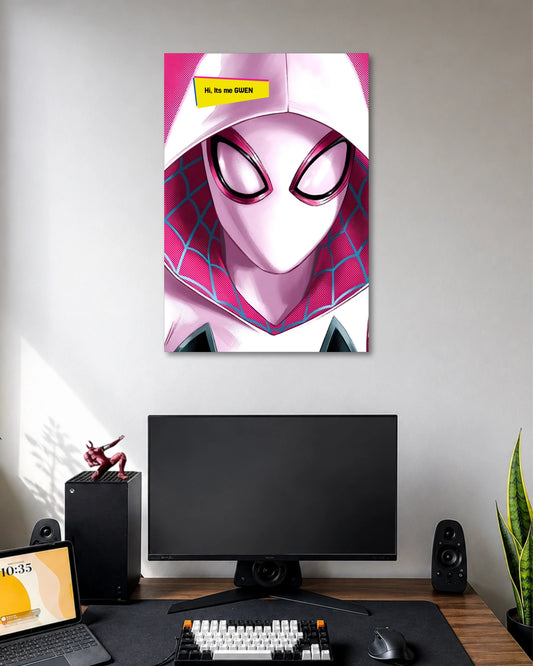 Close-up illustration of Spider-Gwen's white mask, large pink eyes and pink web-patterned hood with a yellow Hi, it's me Gwen box.
