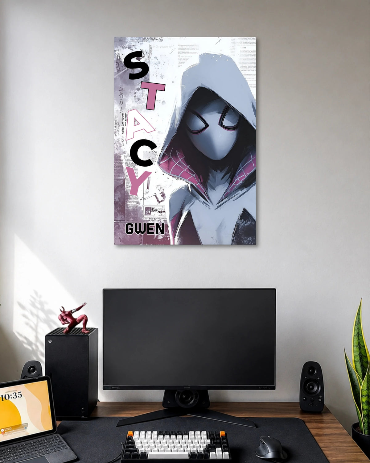 Close-up Spider-Gwen poster with white hood, pink web-patterned mask and oversized STACY typography on a distressed background.