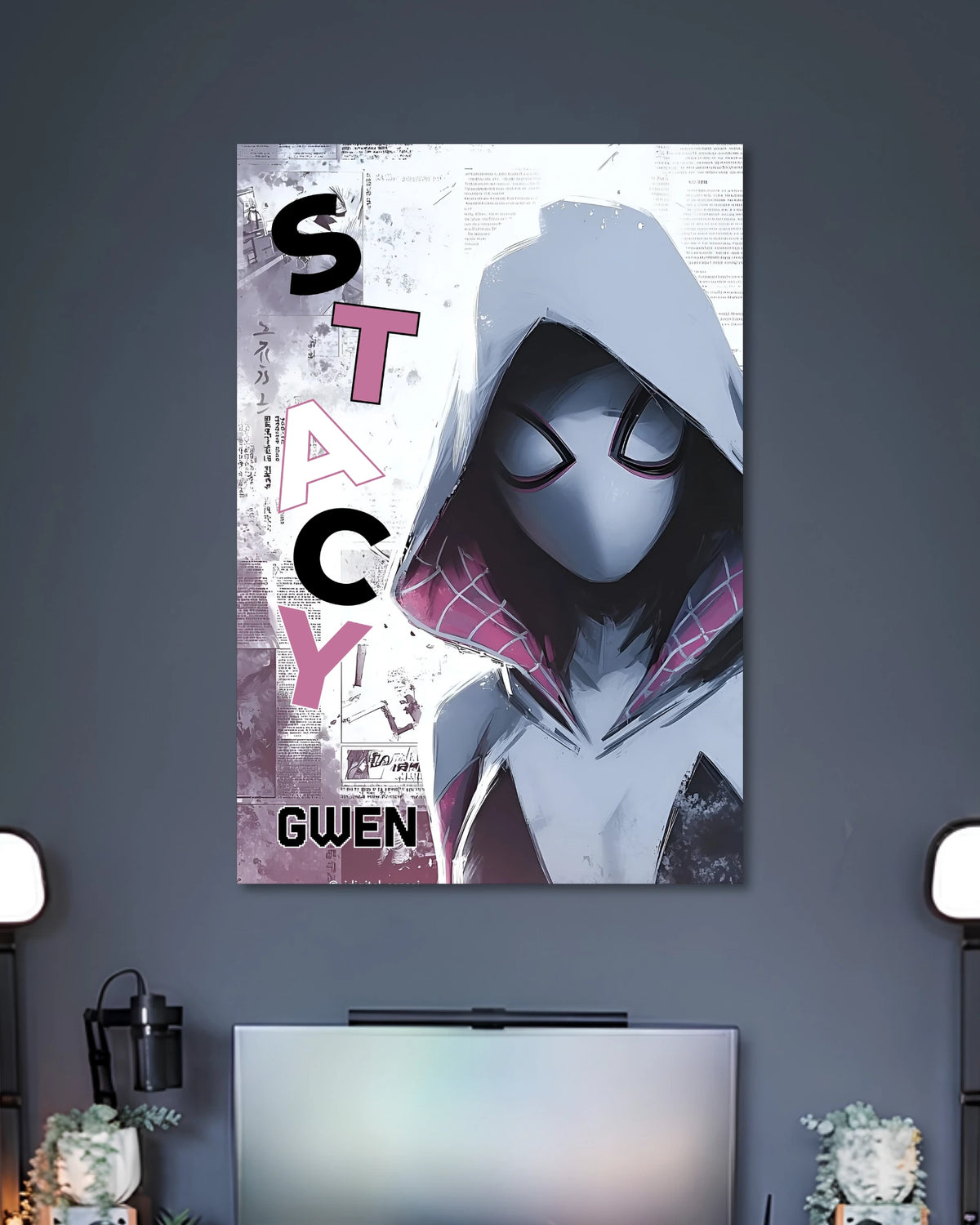 Close-up Spider-Gwen poster with white hood, pink web-patterned mask and oversized STACY typography on a distressed background.